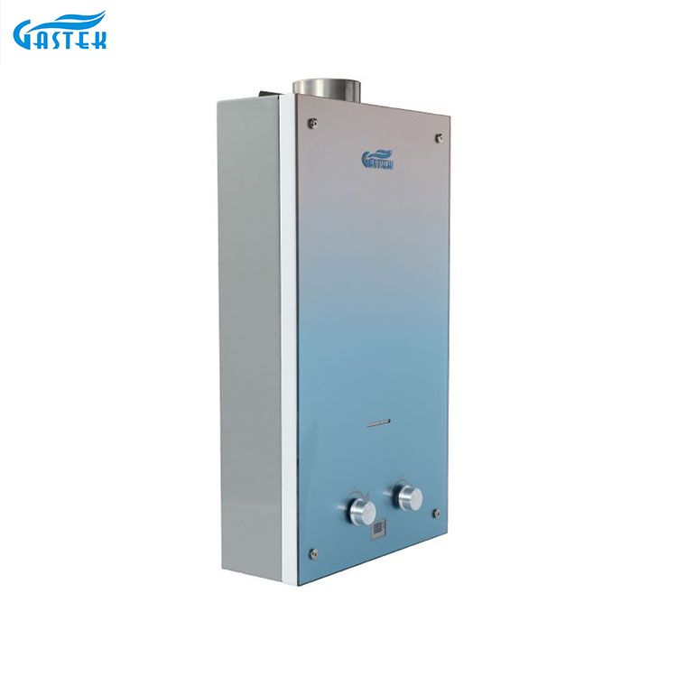 Etxetresna elektrikoa 6L 10L 12L Flue Mota horman muntatutako beirazko panel pertsonalizatua Tank gabeko berehalako gas geyser dutxa bainatzeko